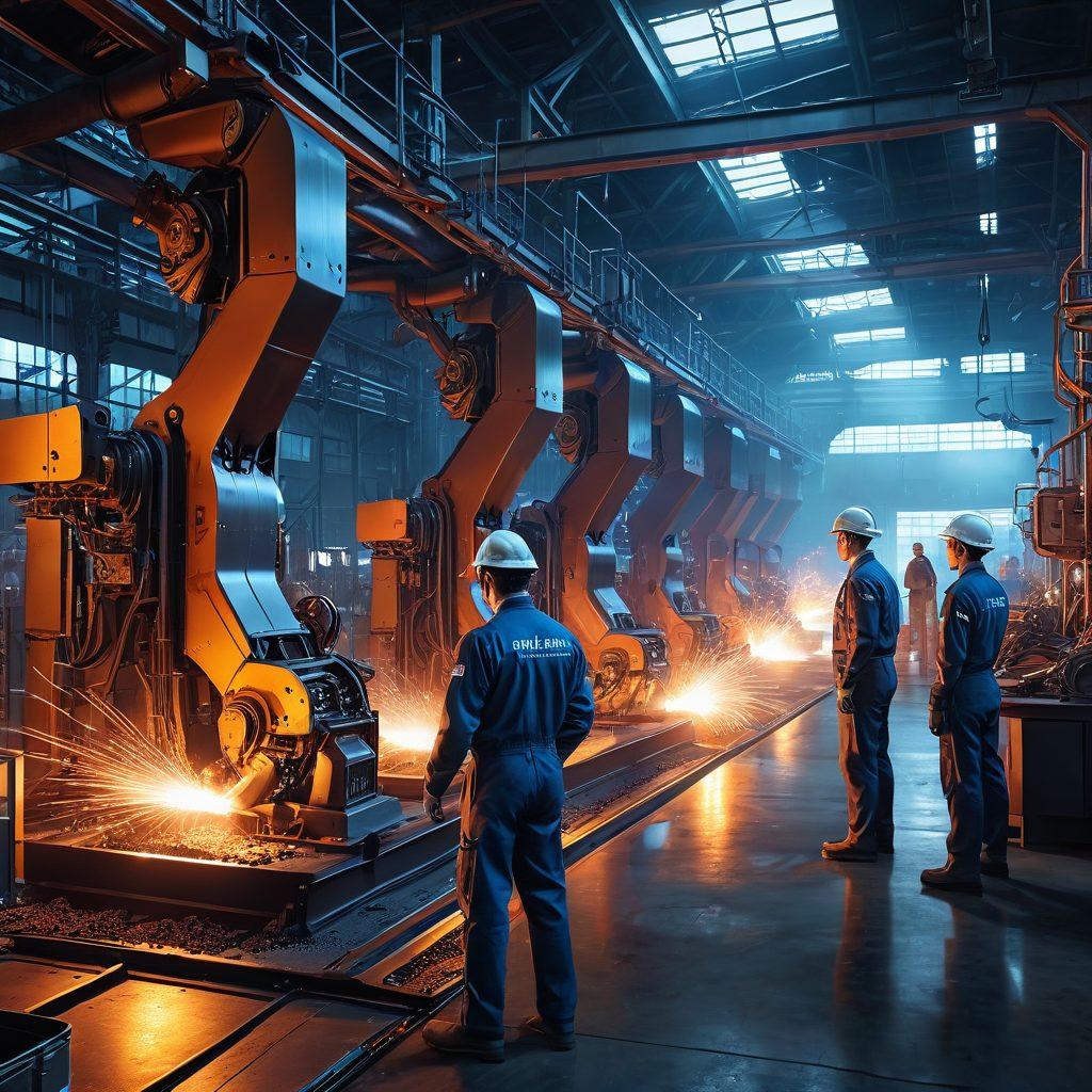 A futuristic steel mill landscape with advanced machinery and workers in sleek uniforms. The scene should include innovative metalworking techniques, bright sparks flying from welding robots, and holographic displays showing steel trends and data analytics. Emphasize a sense of progress and technology in the metal industry, surrounded by vibrant colors and a clear blue sky. super-realistic. vibrant colors.