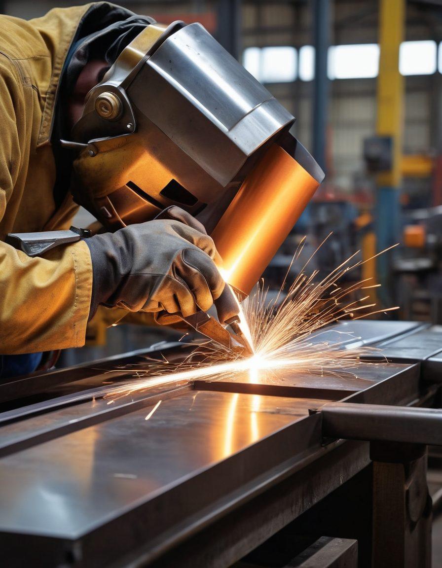 A detailed, vibrant close-up of various steel fabrication techniques including welding, cutting, and assembly in an industrial setting. The background should feature machinery and tools with a steel texture overlay. Include subtle graphs and charts in the backdrop to symbolize industry trends. Use bright metallic colors to emphasize the quality of steel and craftsmanship. super-realistic. vibrant colors. industrial aesthetic.